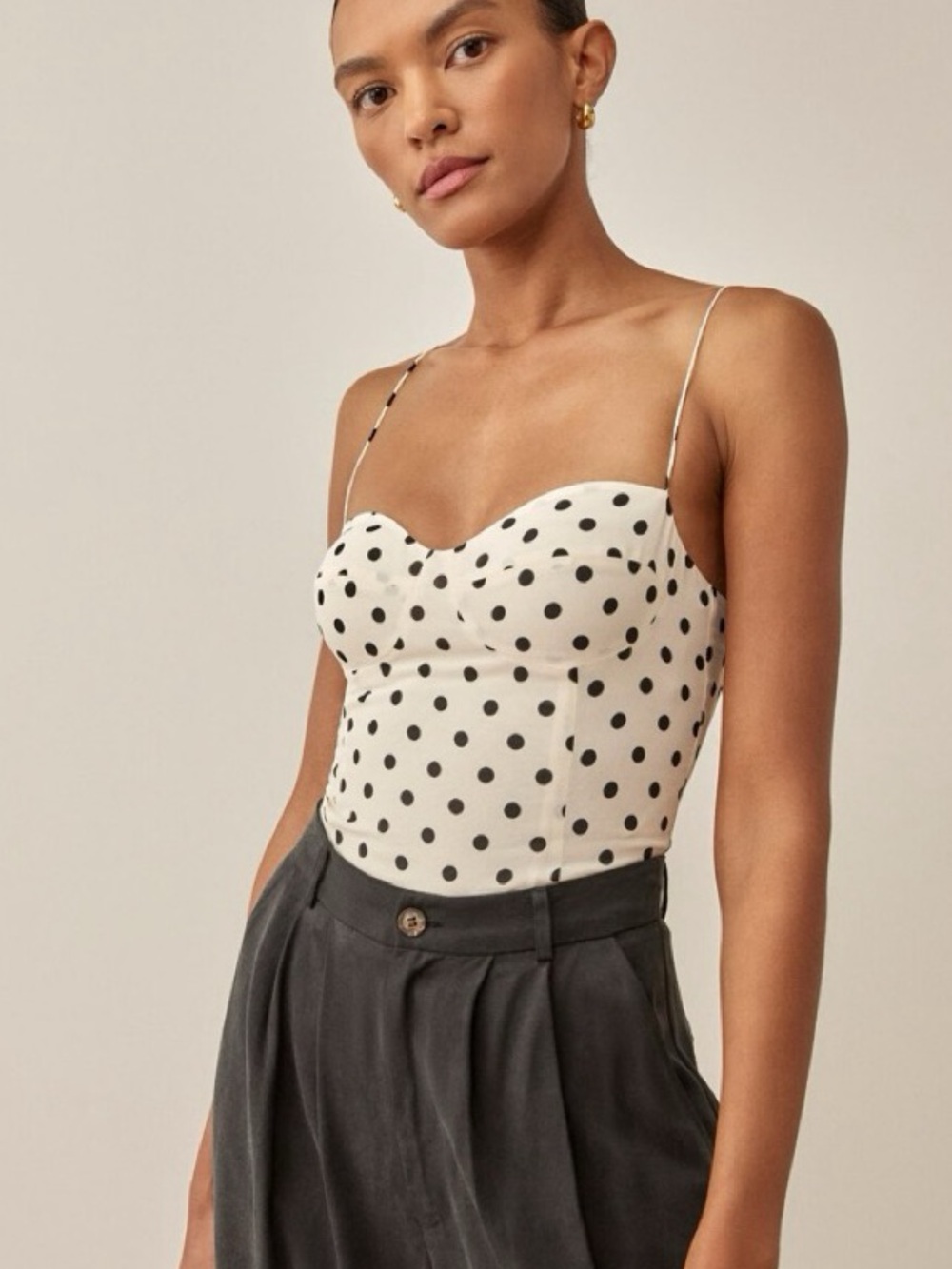 Reformation cream and black polka dot bustier camisole Smocked top size 6 New